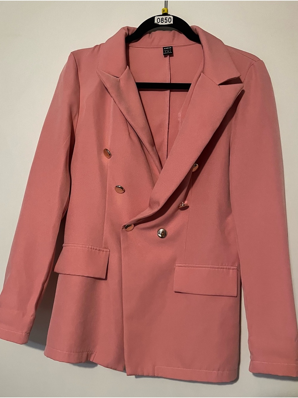 SHEIN Rose Pink Double-Breasted Blazer with Gold Buttons